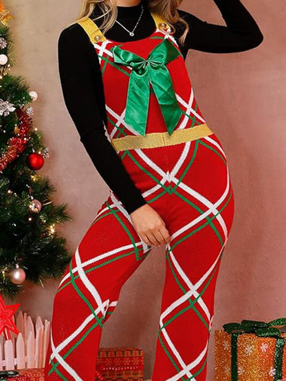 Red Plaid Bow Tie Christmas Jumpsuit for Women