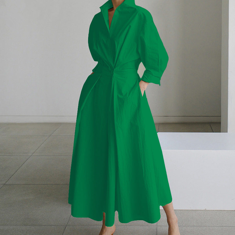 Women's Cotton Shirt Dress Collared Long Sleeve Maxi