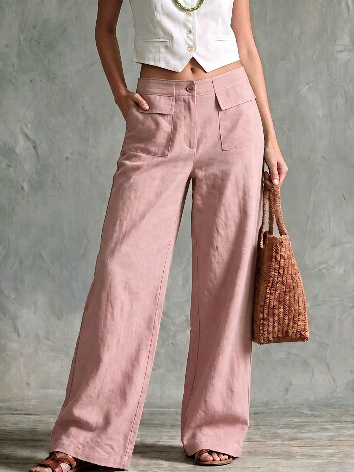 Women Cotton Linen High Waisted Wide Leg Casual Pants