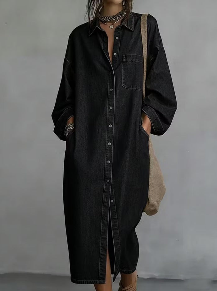 Oversized Denim Shirt Dress Button Front Midi