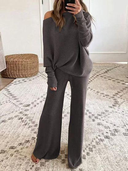 Women's Off Shoulder Oversized Knit Set Wide Leg Pants