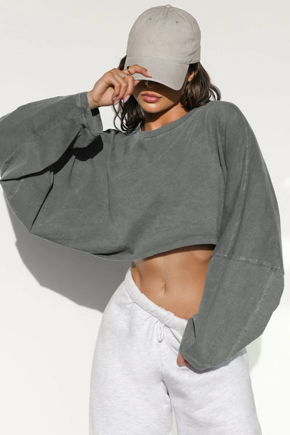 Women's Long Sleeve Oversized Cropped Crew Neck Sweatshirt