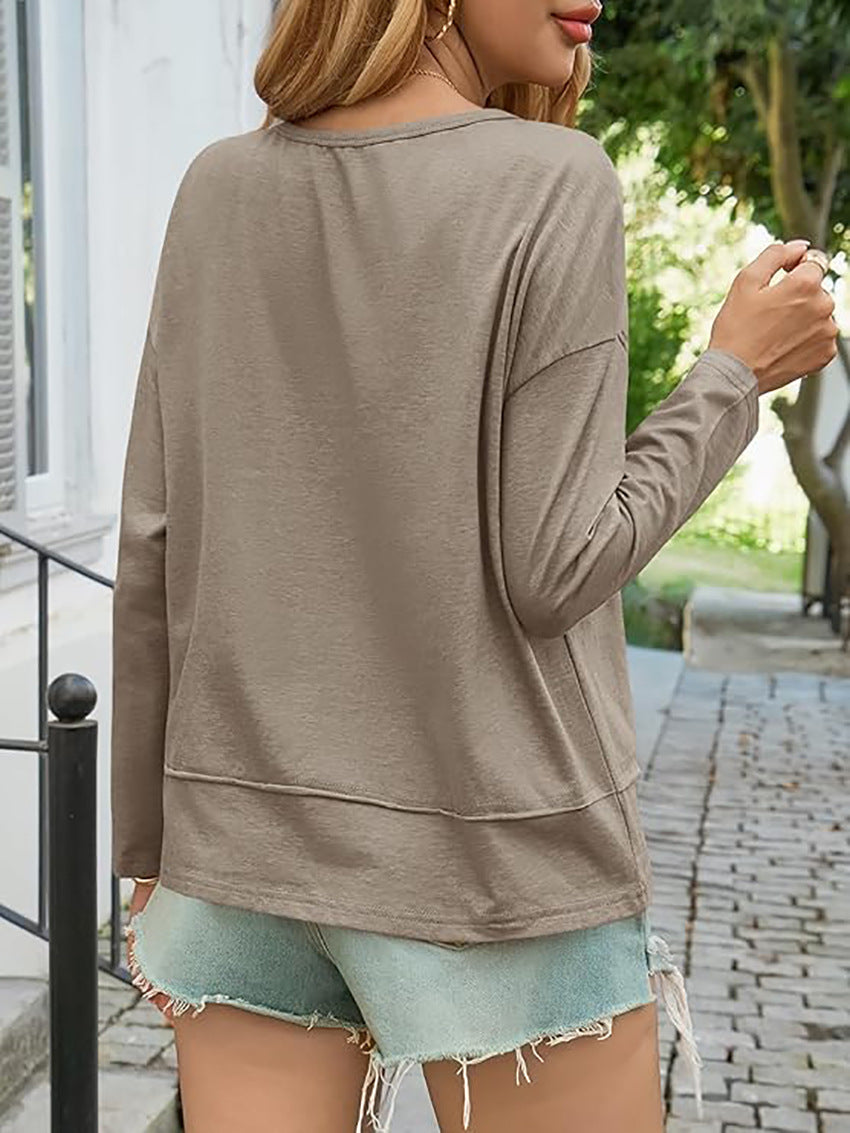 Women's V Neck Long Sleeve Casual Loose Pullover Top