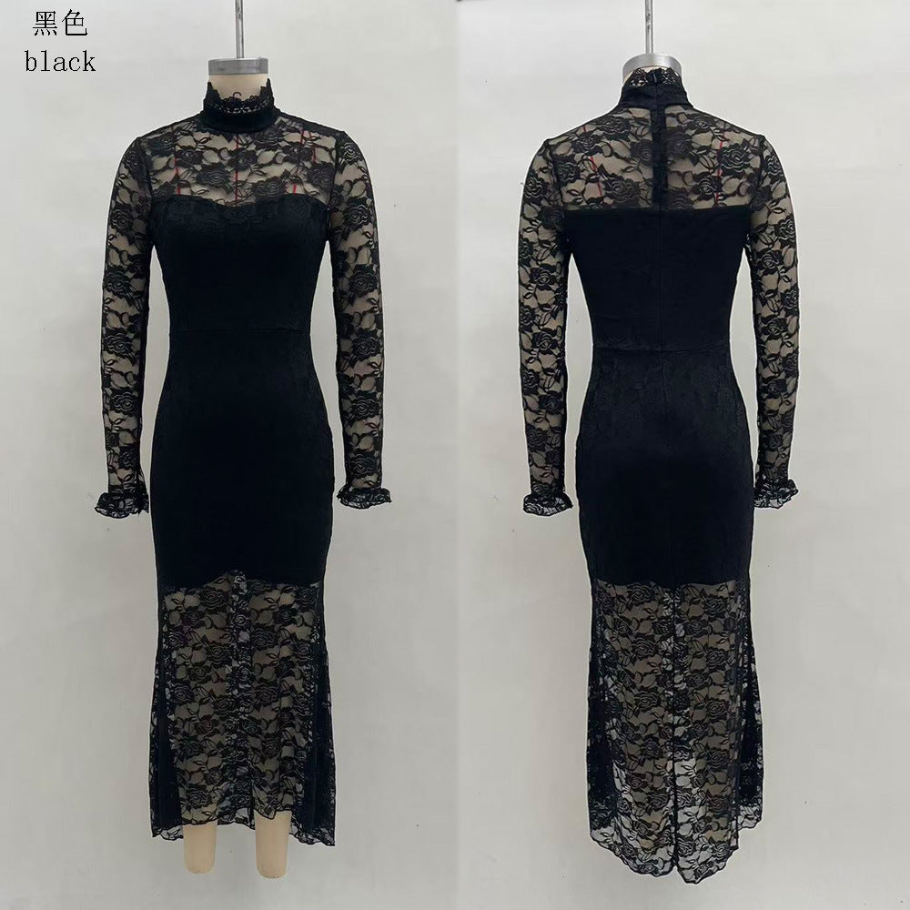 Elegant Black Lace Long Sleeve Bodycon Maxi Dress