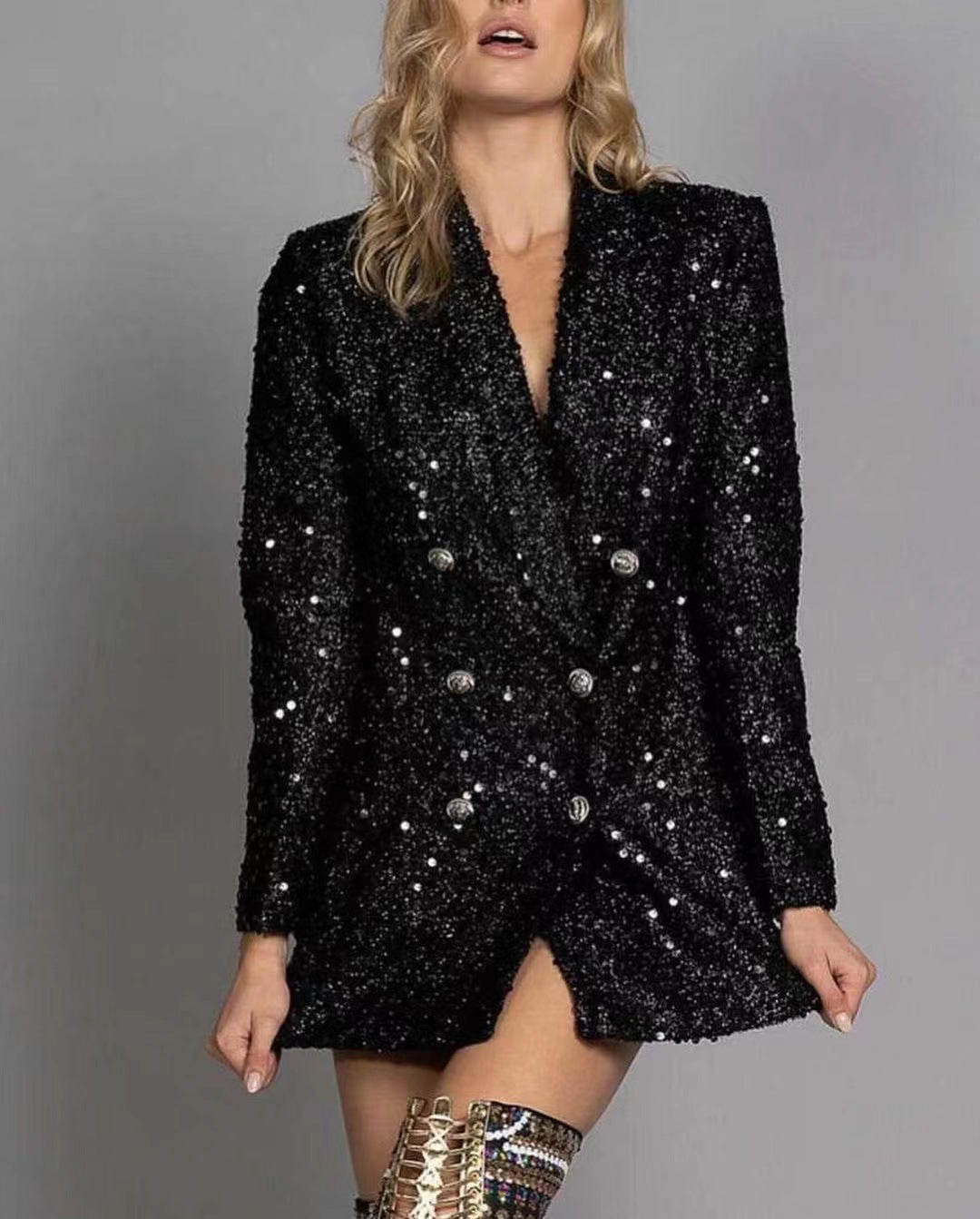 Women's Black Sequin Blazer Double Breasted Long Sleeve