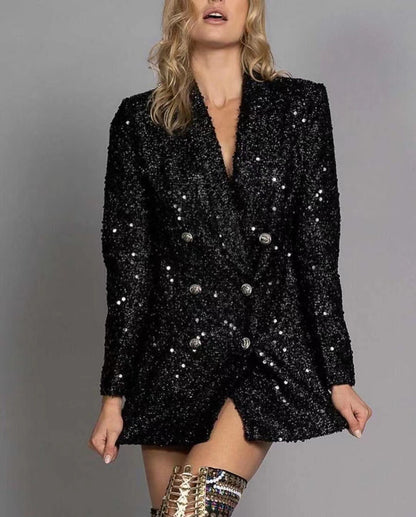 Women's Black Sequin Blazer Double Breasted Long Sleeve