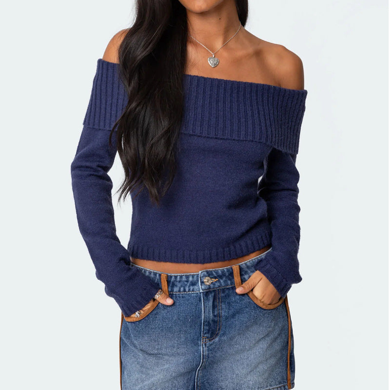 Off Shoulder Ribbed Knit Sweater Long Sleeve Crop Top
