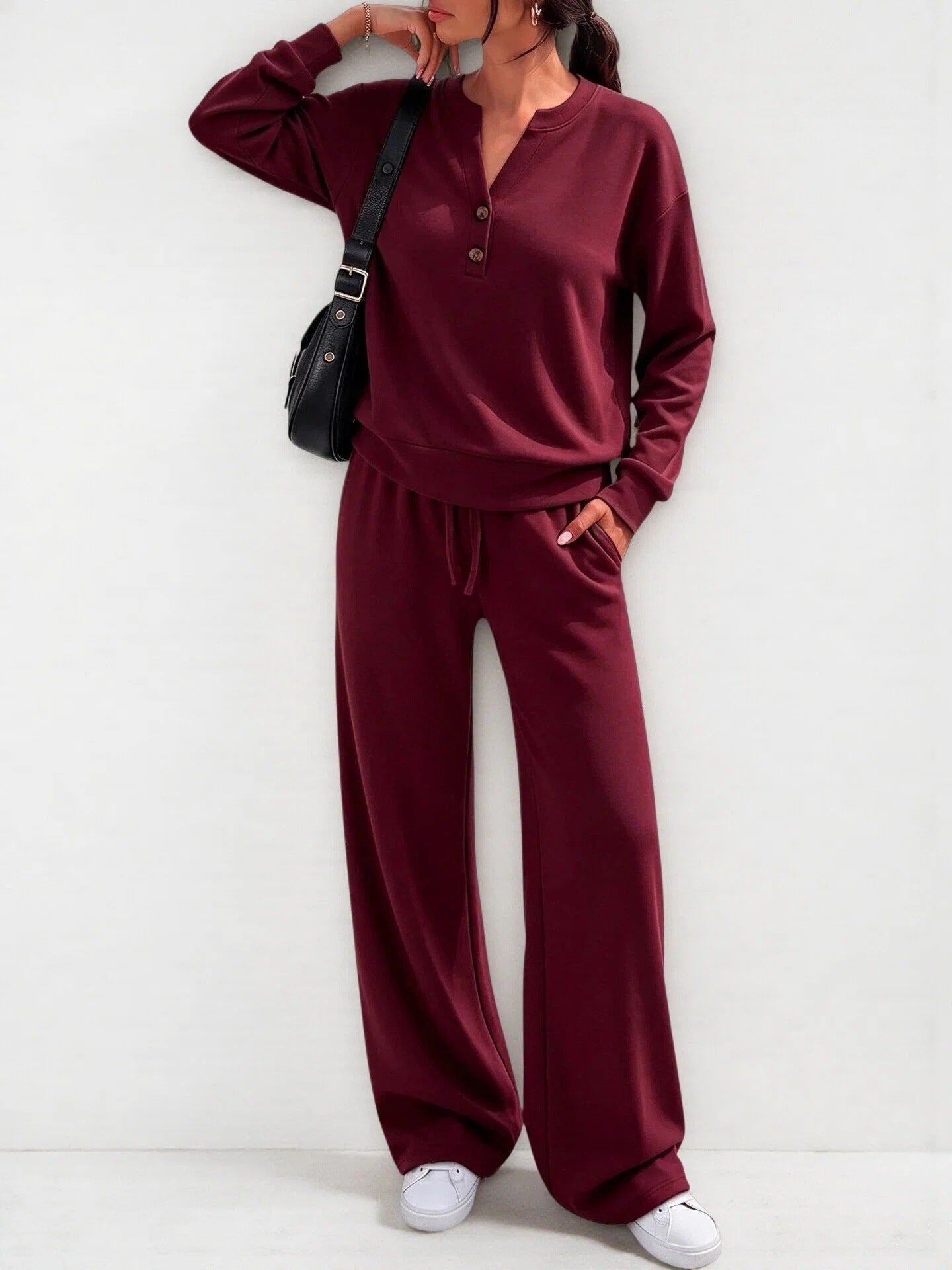 Women's Matching Lounge Set Henley Top Wide Leg Pants