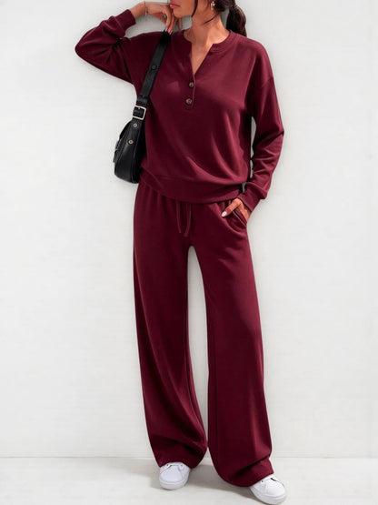 Women's Matching Lounge Set Henley Top Wide Leg Pants