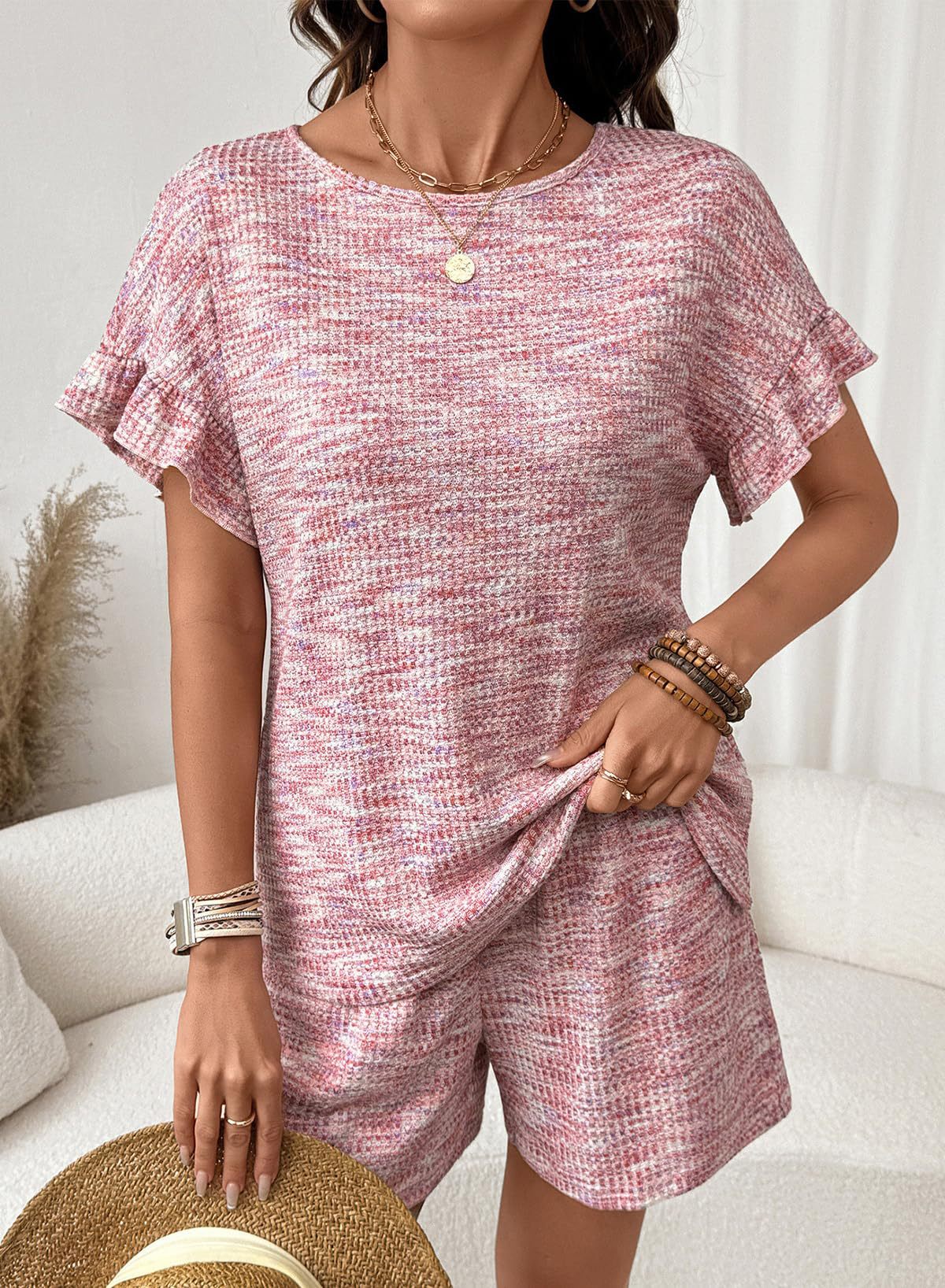 Textured Knit Lounge Set Ruffle Sleeve Drawstring