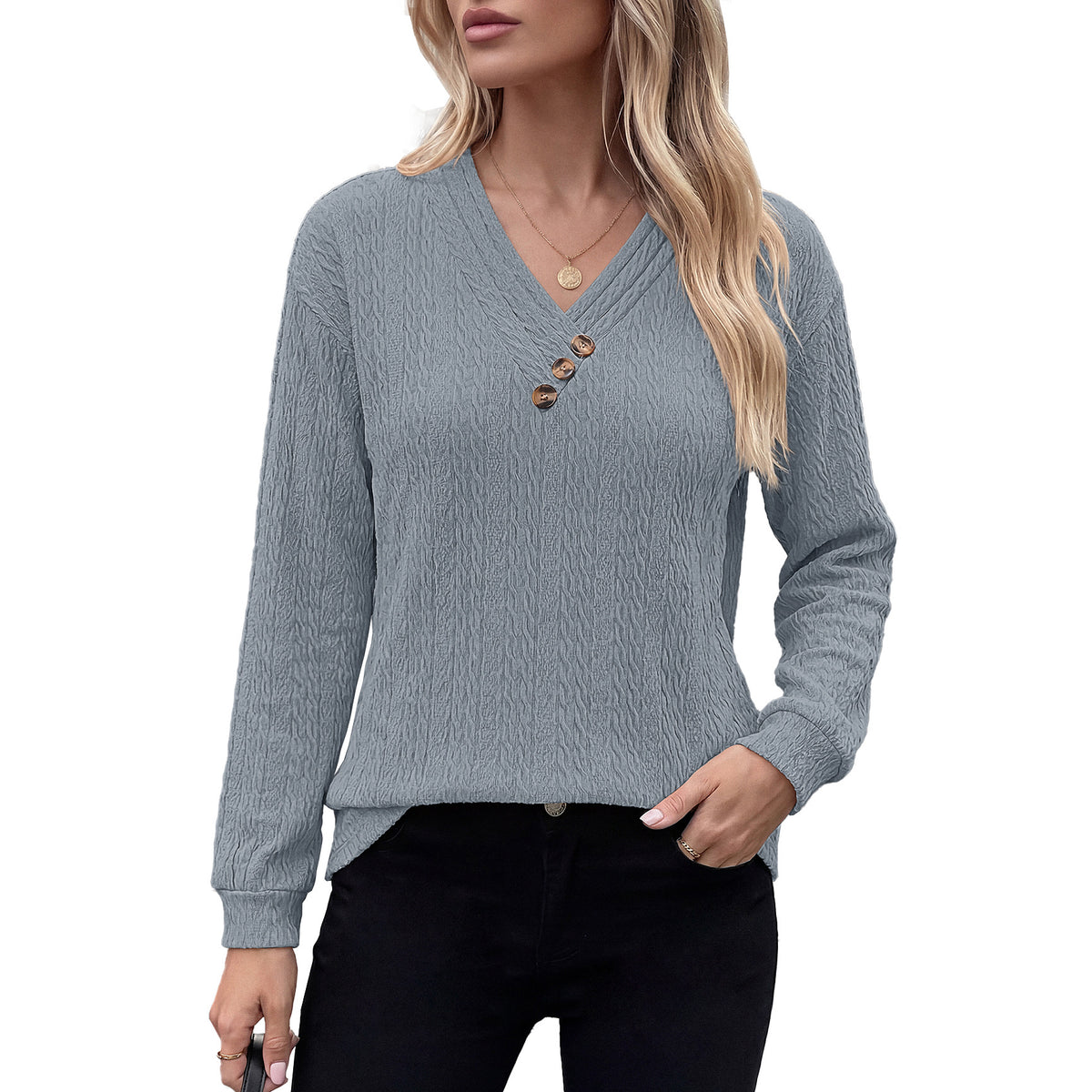 Women's V Neck Button Long Sleeve Textured Casual Blouse