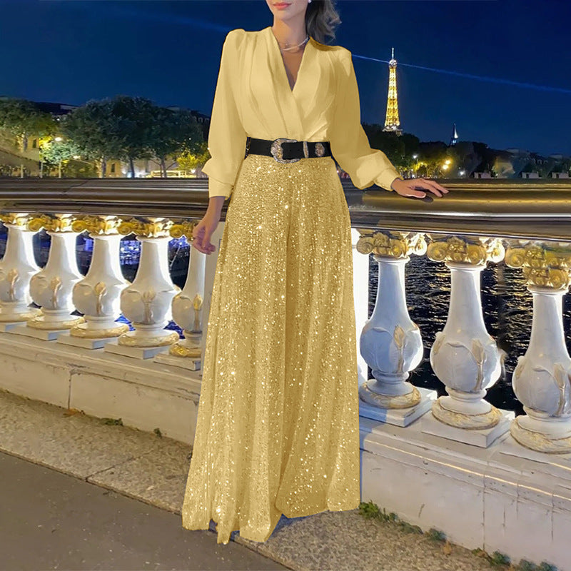 Women's 2 Piece Sequin Wide Leg Pants V Neck Belted Set