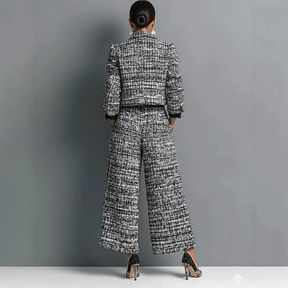Women's Cropped Tweed Blazer Wide Leg Pants Set