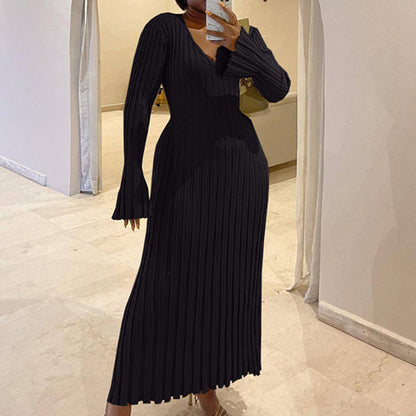 Ribbed V-Neck Tie Waist Maxi Sweater Dress