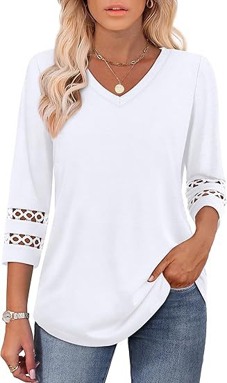 White V-Neck Lace Sleeve Casual Knit Top for Women