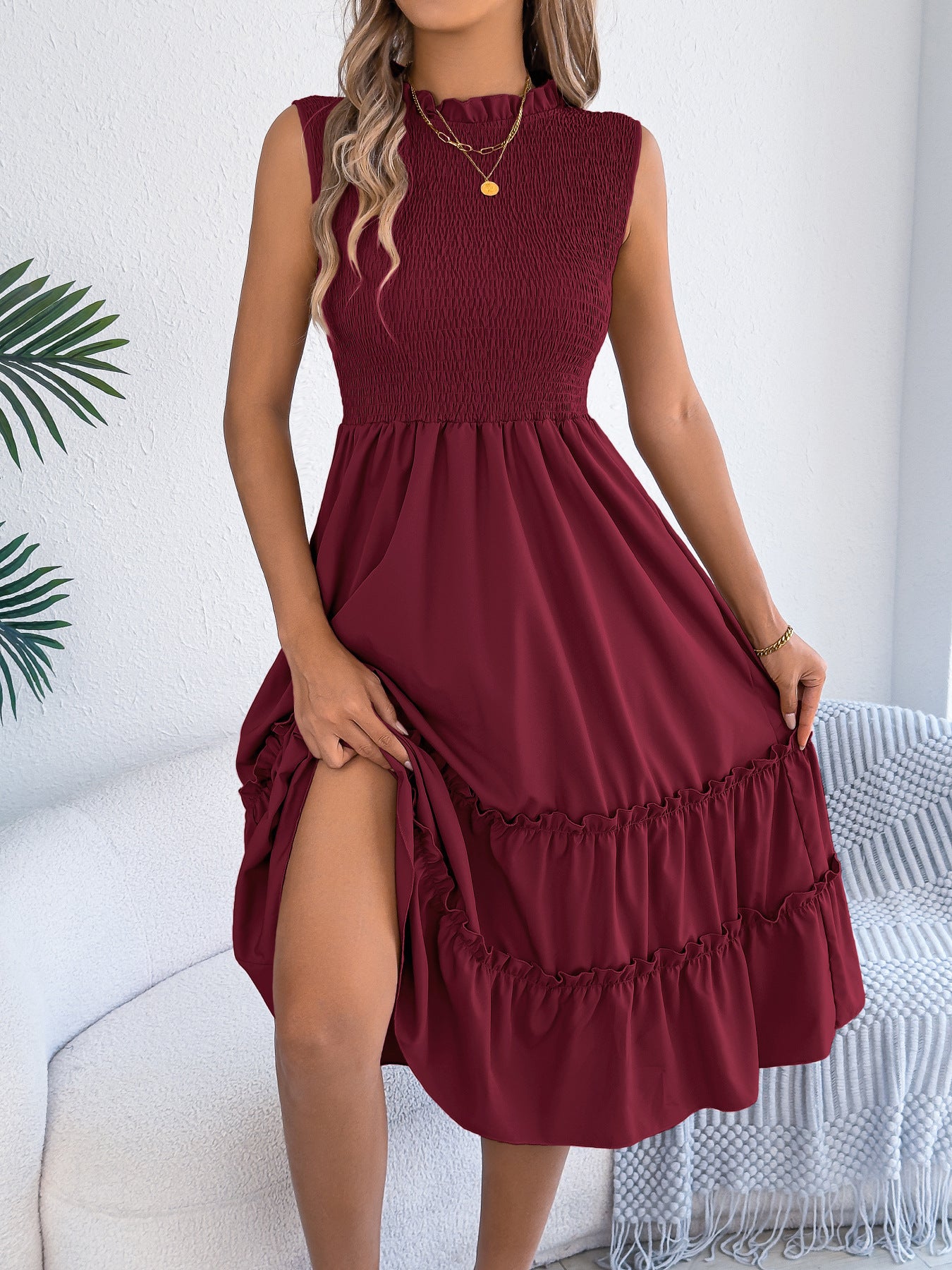 Smocked Sleeveless Ruffle Midi Dress Flowy Summer