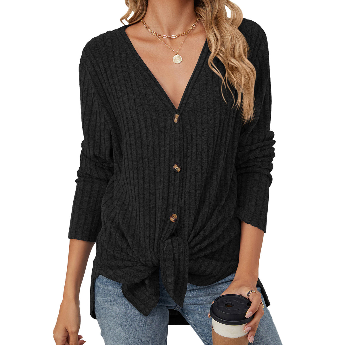 Womens V Neck Tie Front Button Up Long Sleeve Knit Cardigan
