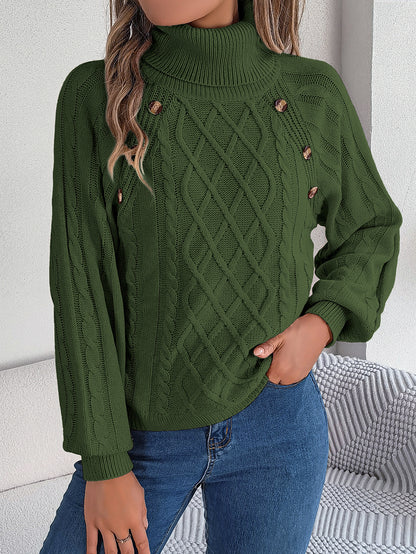 2025 Fall Winter Buttoned Cable Knit Turtleneck Sweater