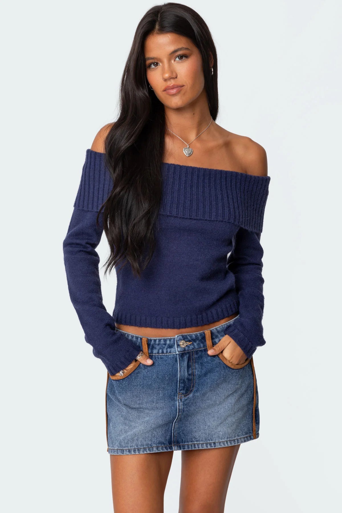 Off Shoulder Ribbed Knit Sweater Long Sleeve Crop Top