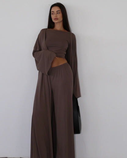 Women's 3 Piece Lounge Set Crop Top Wide Leg Pants Duster