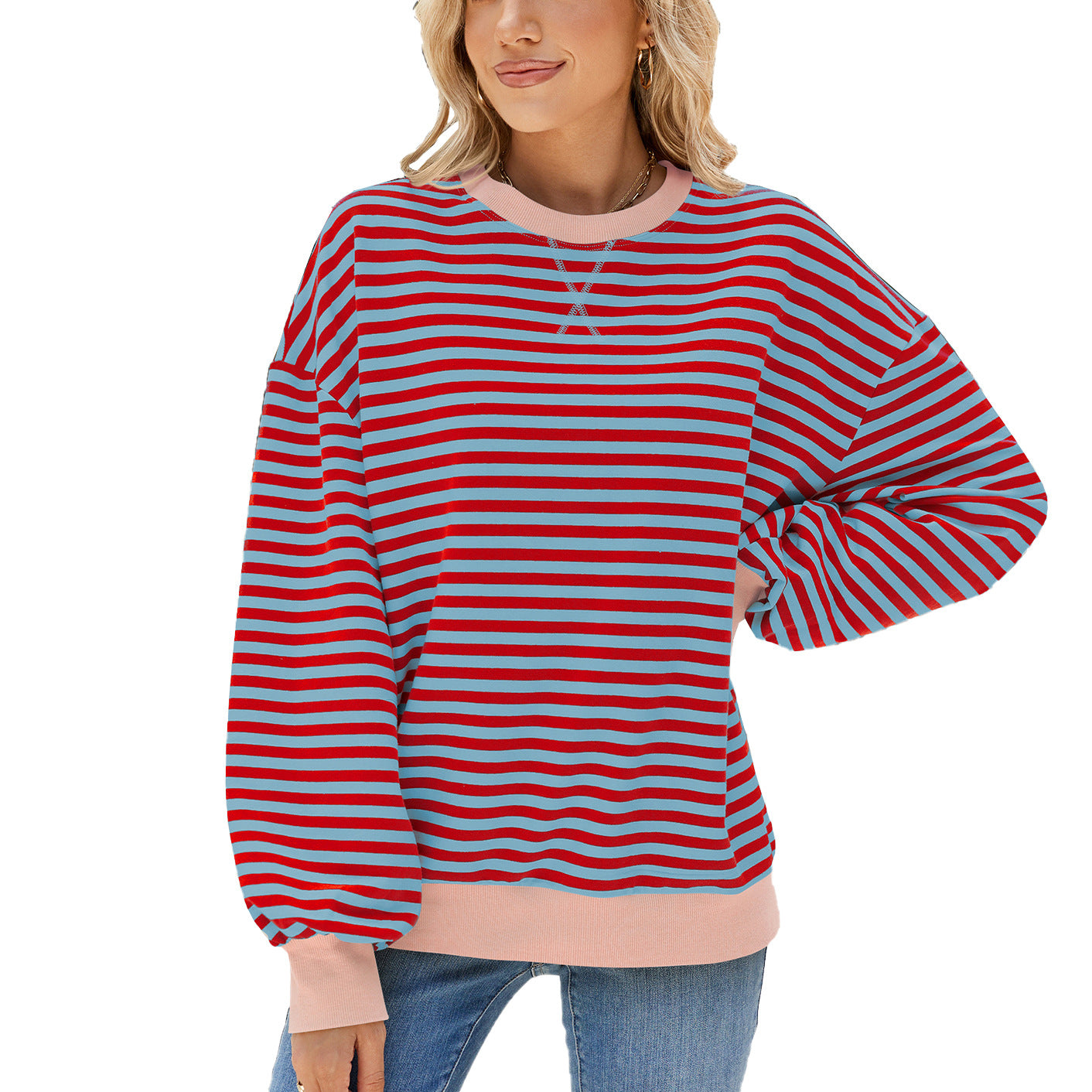 Striped Color Block Crew Neck Loose Fit Long Sleeve Sweatshirt