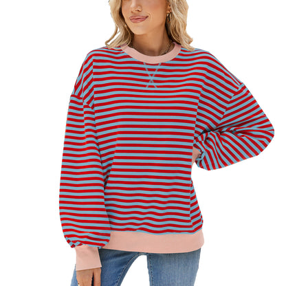 Striped Color Block Crew Neck Loose Fit Long Sleeve Sweatshirt