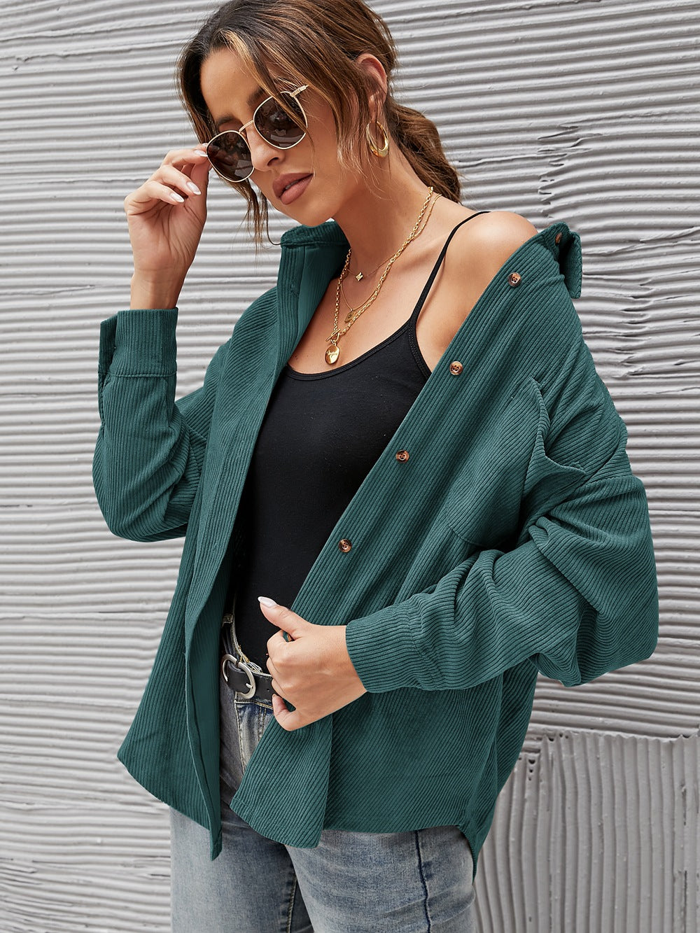 Oversized Corduroy Button-Down Shirt with Chest Pocket