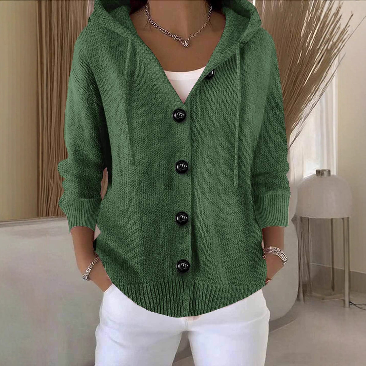 Hooded Button Knit Cardigan Long Sleeve Sweater