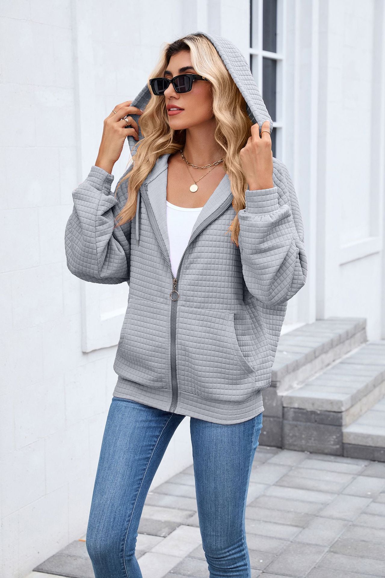 Quilted Zip Up Hooded Jacket Hoodie with Pockets