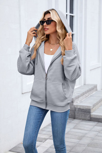 Quilted Zip Up Hooded Jacket Hoodie with Pockets