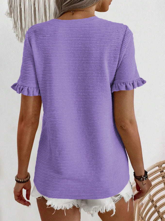 Women’s Ruffle Sleeve Textured Round Neck Casual Top