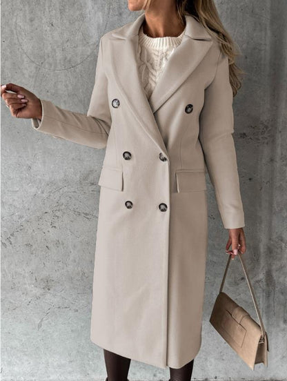 Women's Elegant Double Breasted Long Wool Overcoat