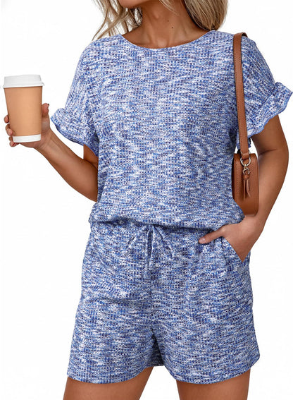 Textured Knit Lounge Set Ruffle Sleeve Drawstring