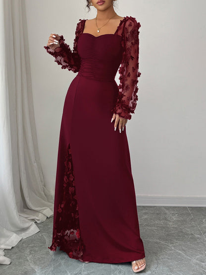 Square Neck Floral Applique Mesh Sleeve Maxi Dress