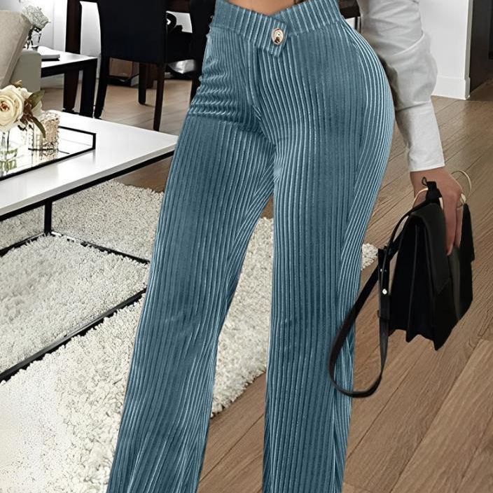 Women High Waist Ribbed Velvet Wide Leg Pants