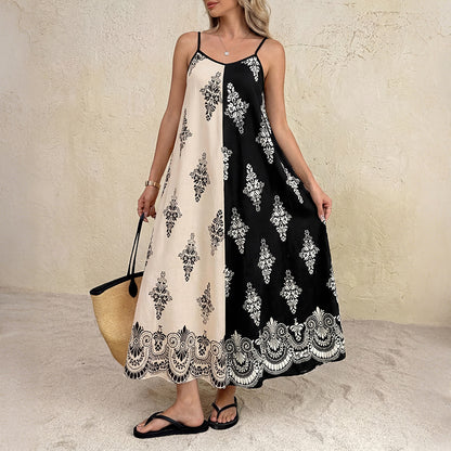 Boho Paisley Maxi Dress Square Neck Spaghetti Strap