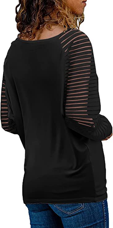 Striped Sleeve V Neck Cotton Long Sleeve Top