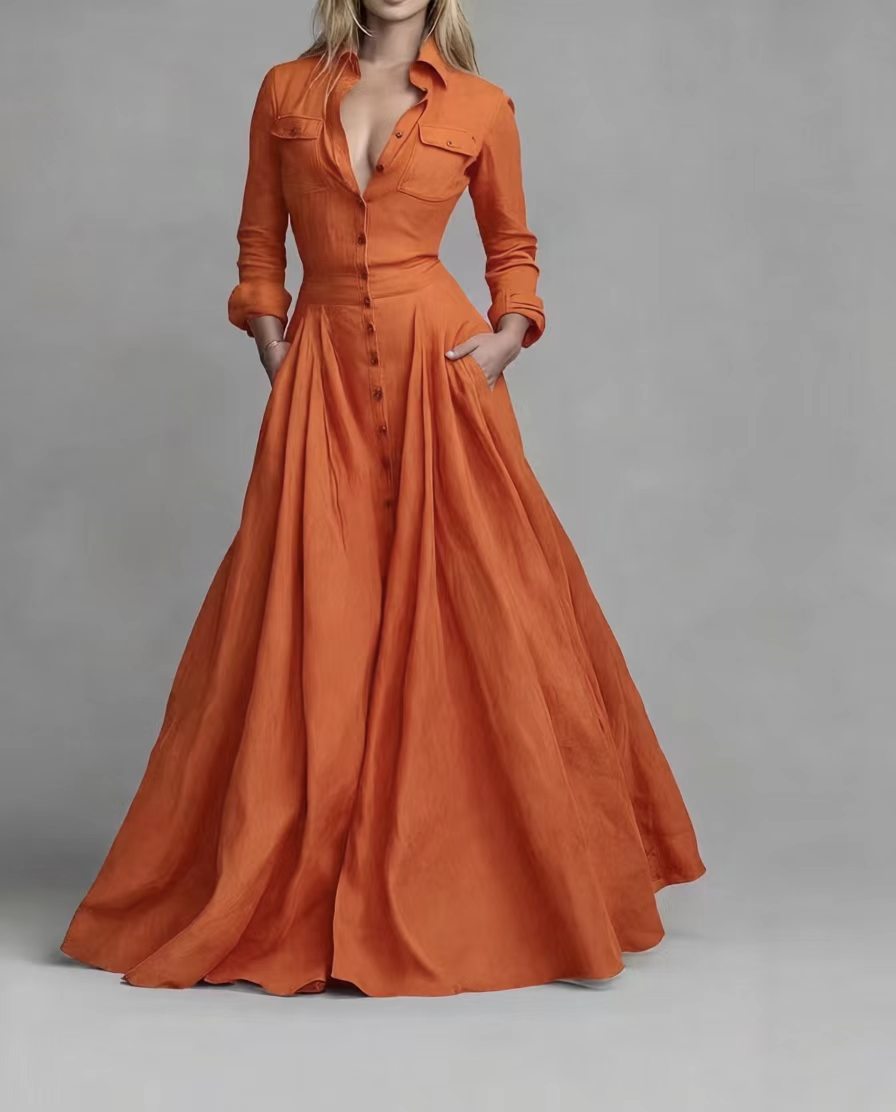 Women's Long Sleeve Collared Maxi Dress A-Line with Pockets