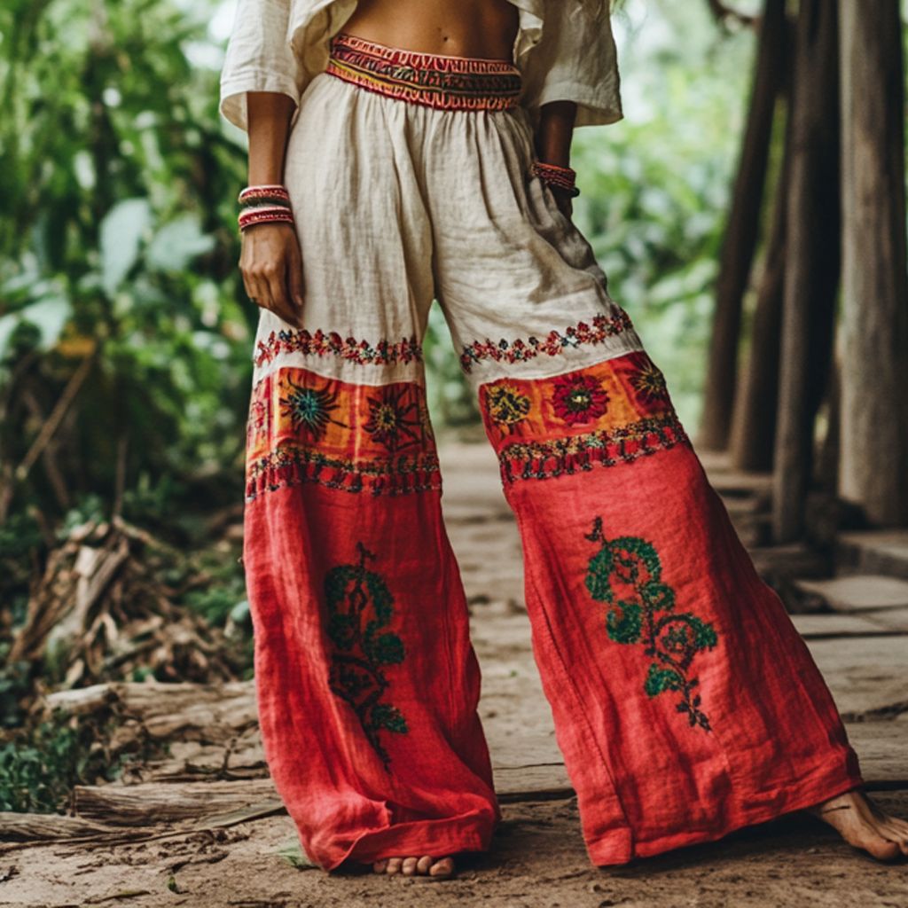 Women's Boho Floral Wide Leg Palazzo Pants Elastic Waist
