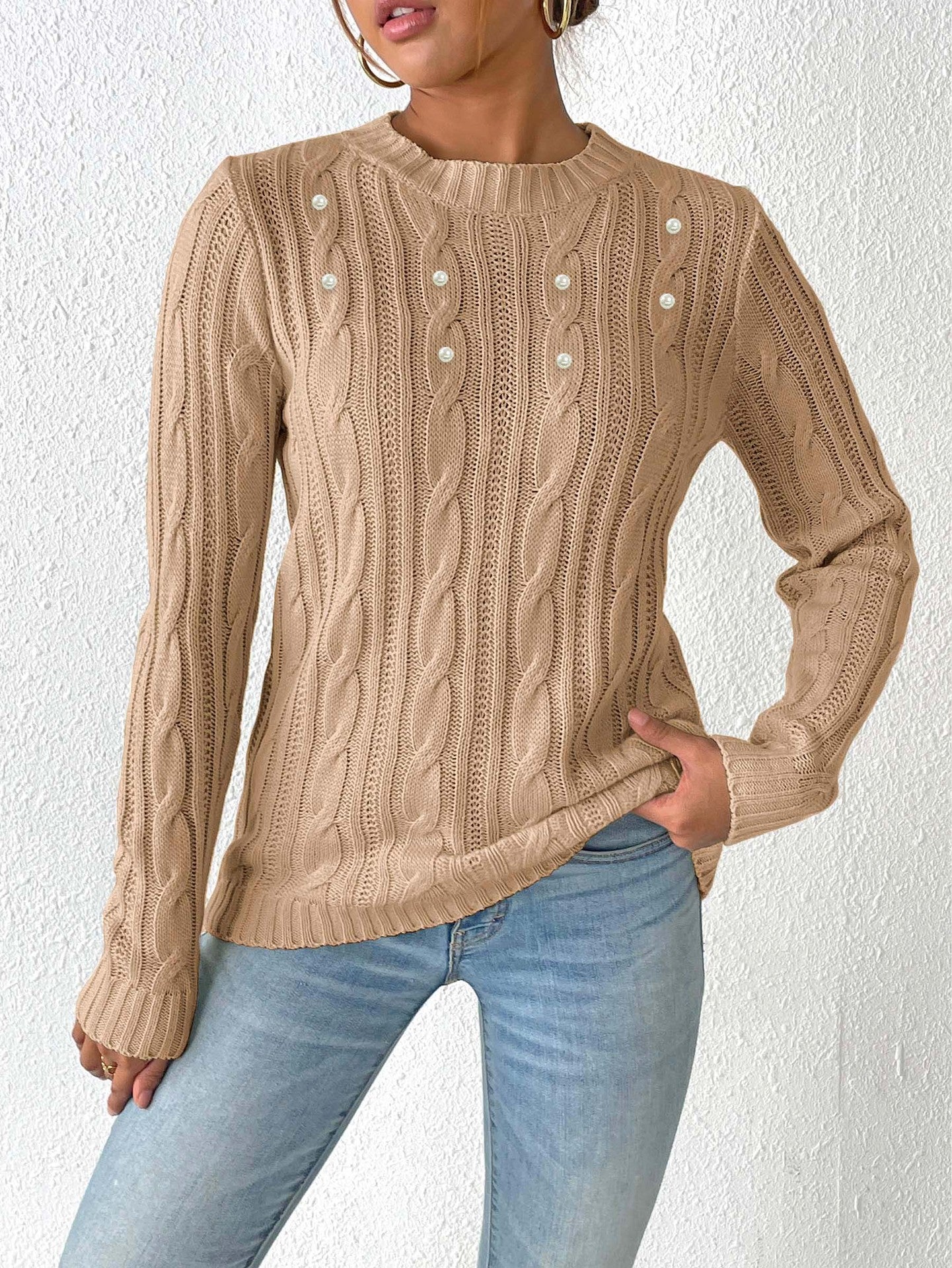 Women's Crew Neck Women's Top Simple Bottom Shirt Pearl Beads