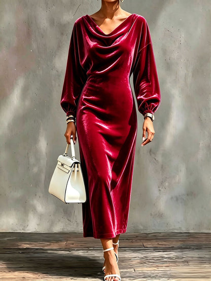 Velvet Cowl Neck Balloon Sleeve Bodycon Midi Dress