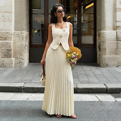 Sleeveless Solid Polyester Dress Set Pleated Summer Outfit