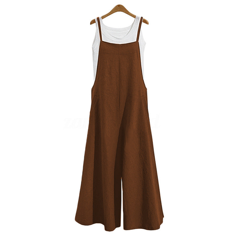 Women's Linen Cotton Wide Leg Jumpsuit Sleeveless Casual