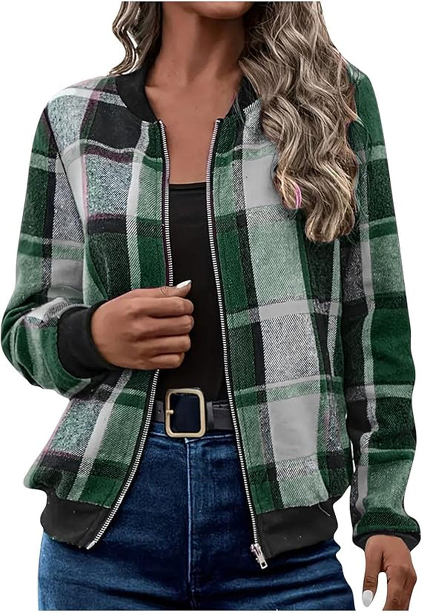 Women's Plaid Zip-Up Bomber Jacket Casual