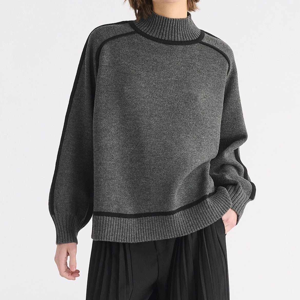 Women's Mock Neck Contrast Trim Oversized Sweater