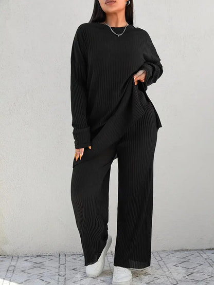 Solid Ribbed Knit Lounge Set with Wide Leg Pants