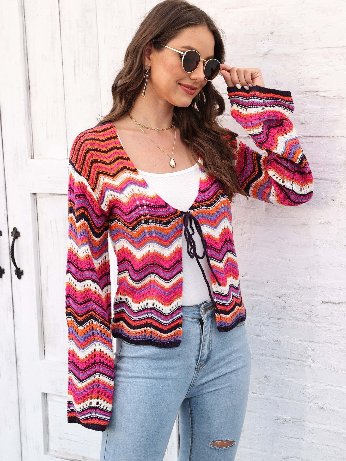 Rainbow Splicing Striped Strap Sweater Jacket