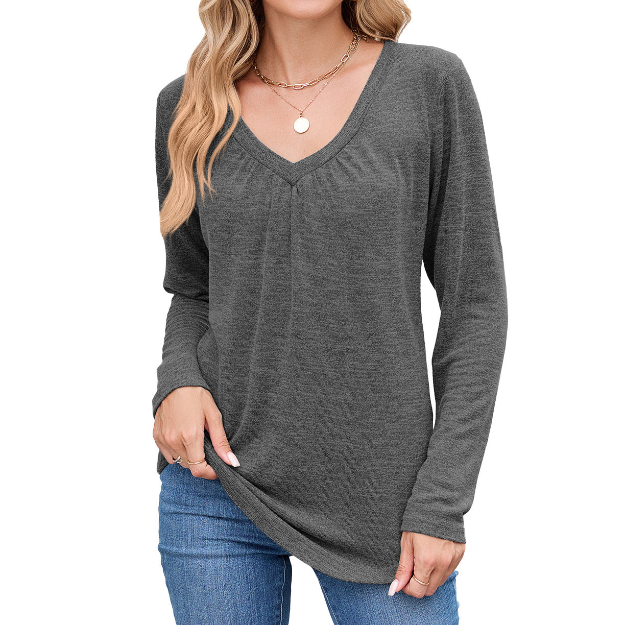Women's Ruched V Neck Long Sleeve Loose Tunic Top