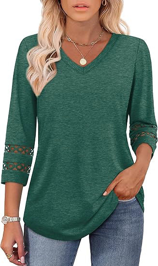 White V-Neck Lace Sleeve Casual Knit Top for Women