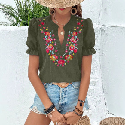 Floral Embroidered Puff Sleeve V Neck Chiffon Blouse